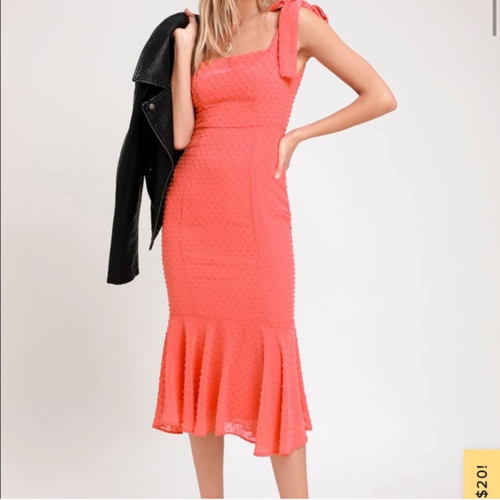 NWT Coral Pink Swiss Dot Tie-Strap Midi Dress